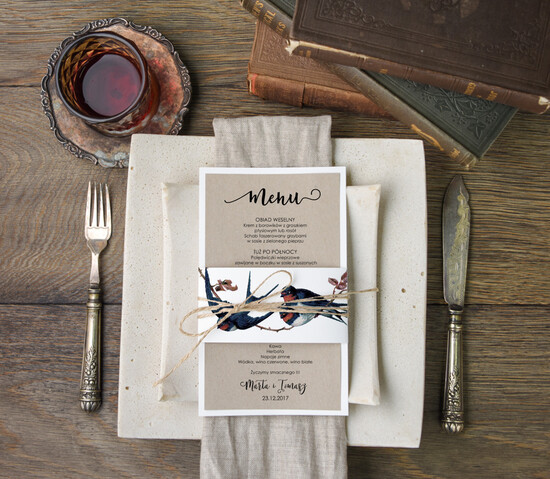 Menu botaniczne podróżnicze  menu ślubne z planem posiłków, eleganckie na klasyczne wesele 28/bot/m