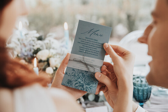 Menu botaniczne podróżnicze  menu weselne na stoły karta dań weselnych, eleganckie na klasyczne wesele 01/turkus/m
