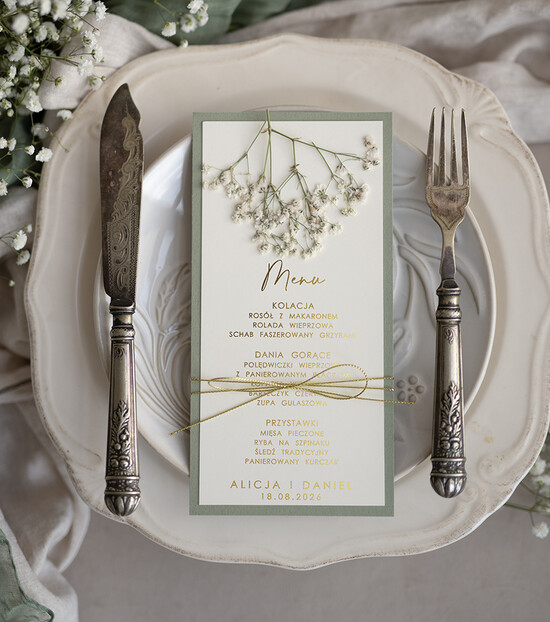 Menu botaniczne podróżnicze  menu weselne z suszoną gipsówką, menu na stoły weselne karta potraw weselnych, karta dań na weselu z 01/szk3/m25