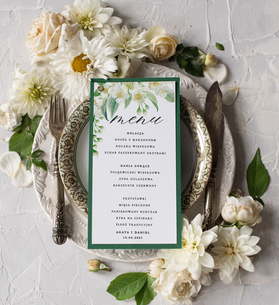 Menu botaniczne podróżnicze  menu weselne na stół karta dań weselnych eleganckie na klasyczne wesele rustykalne menu ślubne   09/owb/m