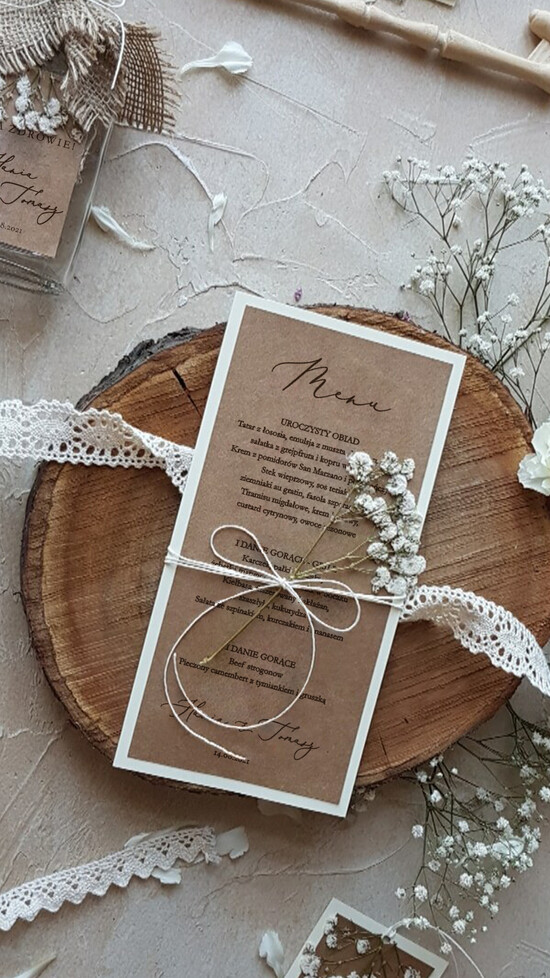 Menu botaniczne podróżnicze  menu weselne karta dań weselnych, vintage wasz tekst 01/gips/m