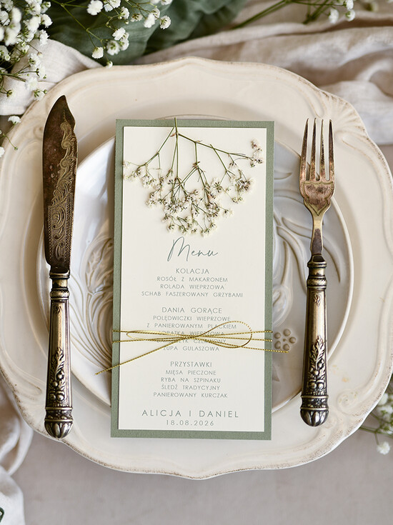 Menu botaniczne podróżnicze  menu weselne z suszoną gipsówką, menu na stoły weselne karta potraw weselnych, karta dań na weselu z 01/gipsLakG/m25