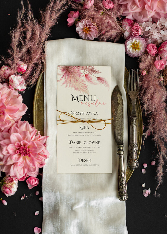 Menu botaniczne podróżnicze  menu weselne karta dań weselnych, menu na stół weselny  01/pampas/m