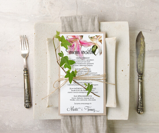 Menu botaniczne podróżnicze  ślubne menu karta potraw weselnych, eleganckie na klasyczne wesele 02/bot/m