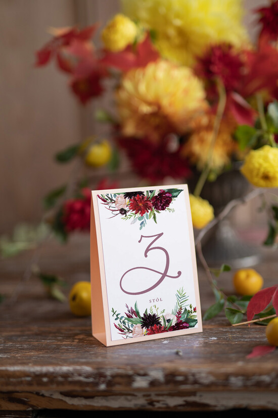 Numery na stół botaniczne podróżnicze  tabliczka z numerem stołu weselnego, kwiaty boho piekne kolory 1/fallkalka/nrS