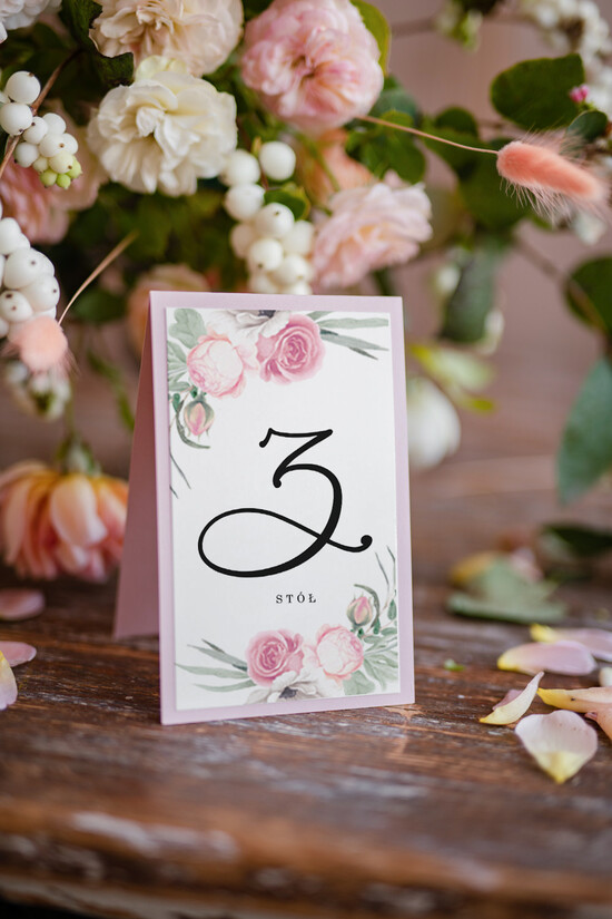 Numery na stół botaniczne podróżnicze  numerek stojak na stół weselny, kwiatowe romantyczne boho 103/rose/nrS