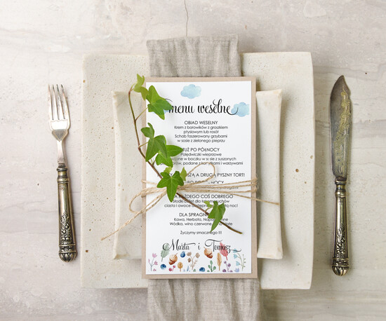 Menu akwarele weselne menu karta potraw weselnych, dowolna tresc akwarele 05/akwECOsz/m