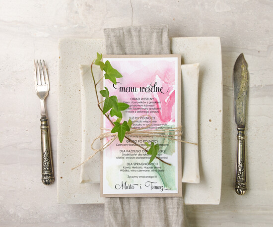 Menu akwarele menu weselne na stół karta dań weselnych, dowolna tresc akwarele 13/akwECO/m