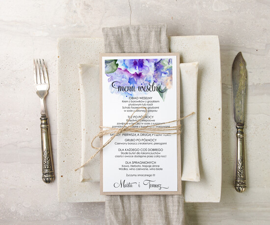 Menu akwarele ślubne menu karta potraw weselnych, z dowolną treścia inspirowane malarstwem 14/akwECO/m