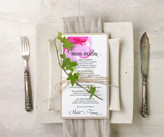 Menu akwarele menu weselne karta dań weselnych, z dowolną treścia inspirowane malarstwem 18/akwECO/m