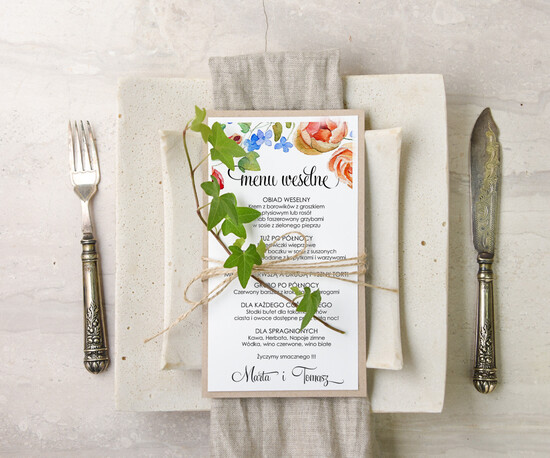 Menu akwarele ślubne menu z planem podawania dań wesenych, malowane akwarele wasza tresc 29/akwECO/m