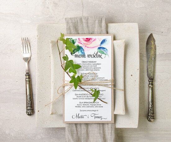 Menu akwarele menu weselne na stoły karta dań weselnych, dowolna tresc akwarele 41/akwECO/m
