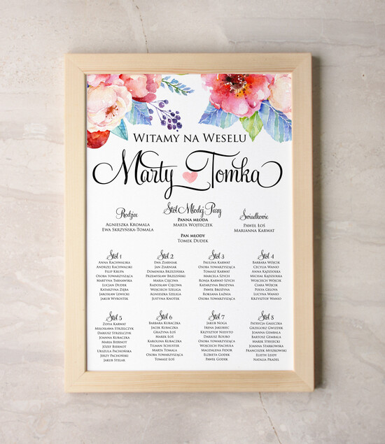Plany stołów Plakaty Akwarele plan stołów  weselnych usadzenie gości na weselu, malowane akwarelkowe wzory dopasuj rozmiar 01/akwECOsz/PL