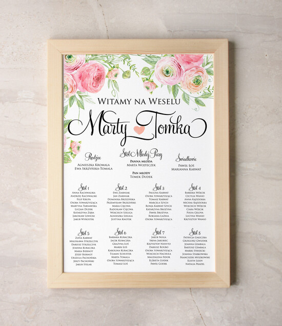 Plany stołów Plakaty Akwarele tablica z rozmieszczeniem gości plan stołów weselnych, wiele rozmiarów do wyboru romantyczne akwarel 15/akwECO/PL