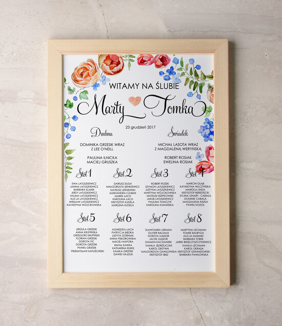 Plany stołów Plakaty Akwarele tablica z planem stołów na wesele plan stołów weselnych, wiele rozmiarów do wyboru romantyczne akwar 29a/akwECO/PL