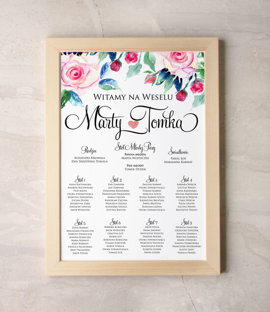 Plany stołów Plakaty Akwarele planer ślubny plan usadzenia gości na weselu, malowane akwarelkowe wzory dopasuj rozmiar 41/akwECO/PL