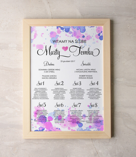 Plany stołów Plakaty Akwarele powitanie i usadzenie gości plan stołów weselnych, wiele rozmiarów do wyboru romantyczne akwarelki 47/akwECO/PL