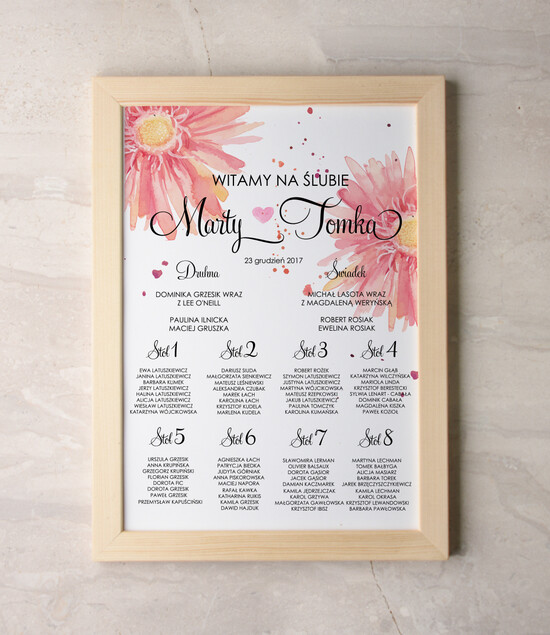 Plany stołów Plakaty Akwarele tablica informacyjna dla gości weselnych, wiele rozmiarów do wyboru romantyczne akwarelki 48/akwECO/PL