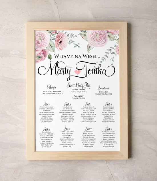 Plany stołów Plakaty Akwarele tablica informacyjna dla gości weselnych, wiele rozmiarów do wyboru romantyczne akwarelki 61/akwECO/PL