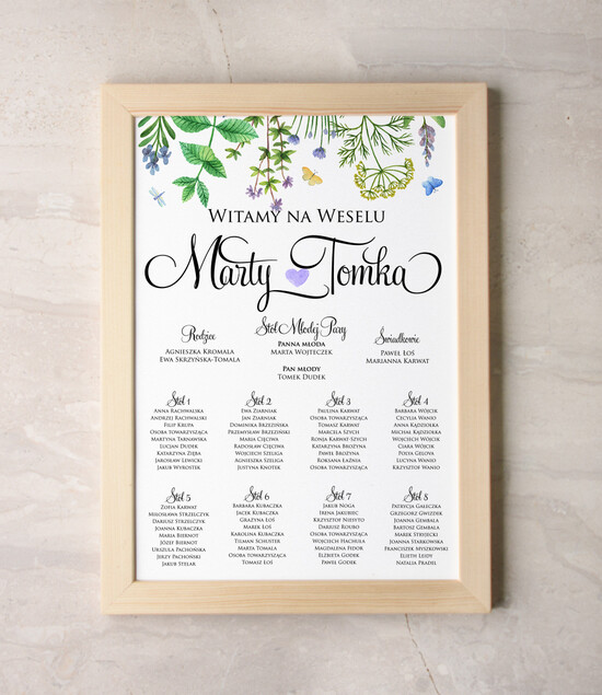 Plany stołów Plakaty Akwarele tablica informacyjna dla gości weselnych, wiele rozmiarów do wyboru romantyczne akwarelki 62/akwECO/PL