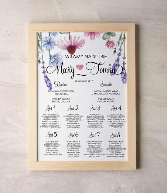 Plany stołów Plakaty Akwarele tablica z rozmieszczeniem gości plan stołów weselnych, wiele rozmiarów do wyboru romantyczne akwarel 65/akwECO/PL