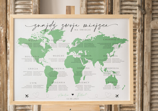 Plany stołów Plakaty botaniczne podróżnicze Zielona Tablica powitalna slubna z mapą świata, powitalna plansza na wesele podróżników, rama powita 02/passKzwR/PL
