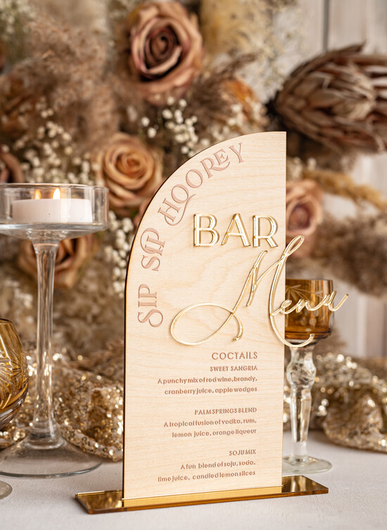 Menu rustykalne rustykalne menu weselne, drewniana karta dań, drewniane menu na stół weselny 01/goldDrew/menuDD