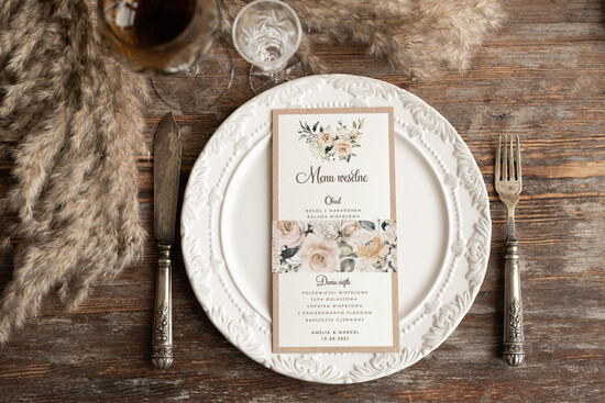 Menu rustykalne weselne menu karta dań weselnych, rustykalne dowolna treść 01/rstdrs/m