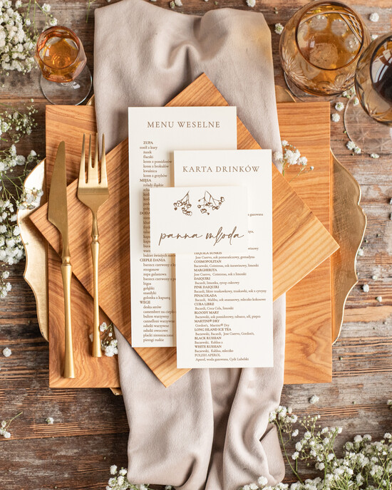 Menu rustykalne zestaw menu i winietka, karta dań weselnych menu weselne plan podawania posiłków, menu weselne z gip 01A/pleksiM/m