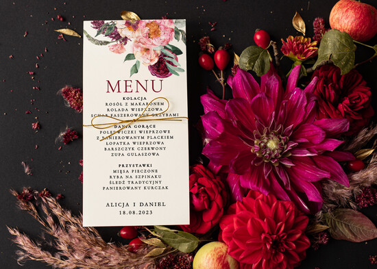 Menu rustykalne menu weselne karta dań weselnych, rustykalne dowolna treść na menu weselnym, eleganckie leżące menu  03/kalkaOW/m