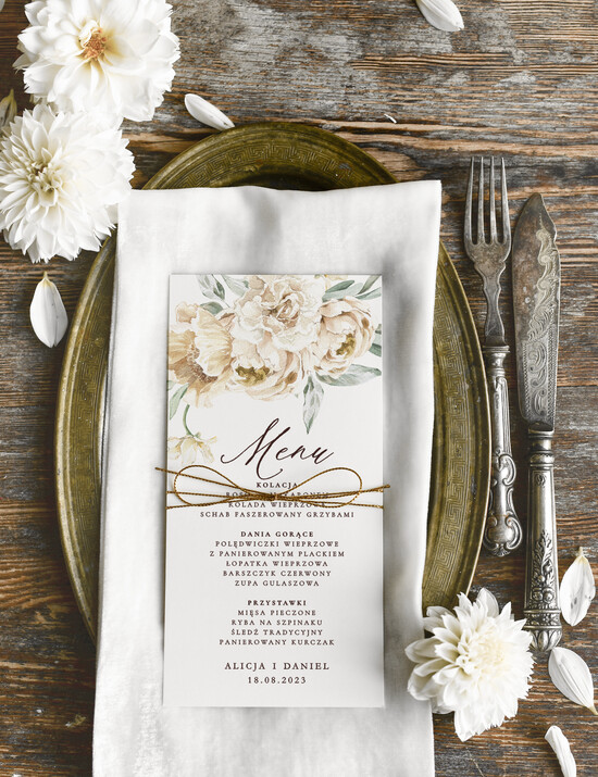 Menu rustykalne menu weselne karta dań weselnych, rustykalne dowolna treść na menu weselnym, eleganckie leżące menu  01/VbotF3/m