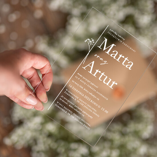 Zaproszenia ślubne Minimalistyczne Proste Zaproszenia Ślubne na pleksi giposówka Minimalistyczne zaproszenie na ślub na plexi z gipsówk 01/pleksiM/z