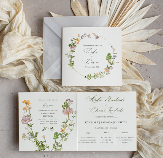 Zaproszenia ślubne Minimalistyczne Zaproszenia Ślubne z wiankiem Minimalistyczne składane Zaproszenia na Ślub z kwiatami Eleganckie Zap 08/kw/z24