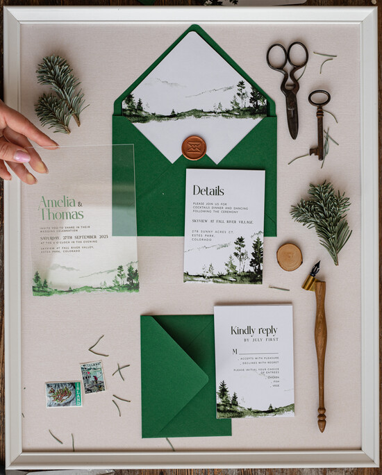 Zaproszenia ślubne Minimalistyczne zaproszenia ślubne z grafiką lasu, zaproszenia dla miłośników podróży, zaproszenia ślubne z pleksy,  13/pleksaB/z