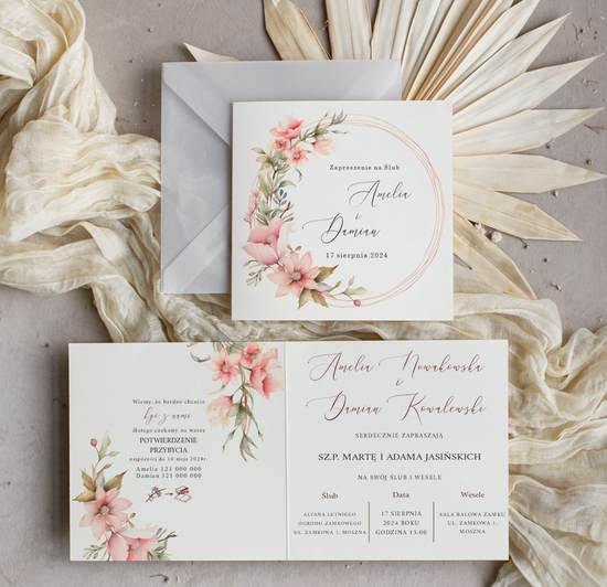 Zaproszenia ślubne Minimalistyczne Zaproszenia Ślubne z kwiatami Minimalistyczne składane Zaproszenia na Ślub Eleganckie Zaproszenie na 06/kw/z24