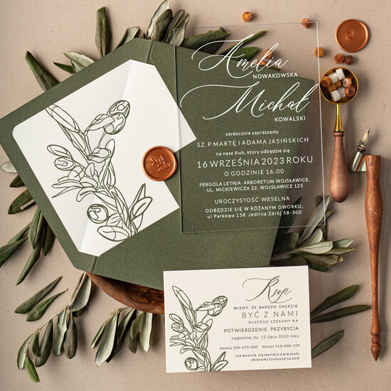 Zaproszenia ślubne Minimalistyczne zaproszenia ślubne z akrylu, przezroczyste zaproszenie na ślub, zaproszenie ślubne z oliwką  01/pleksaB/z