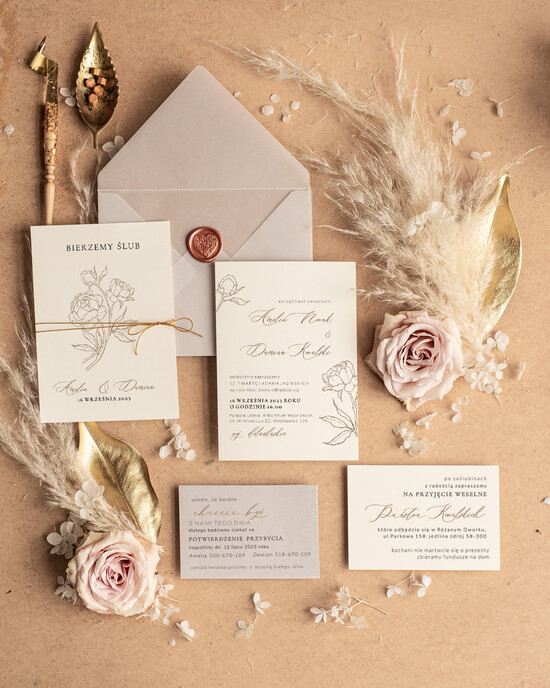 Zaproszenia ślubne Minimalistyczne Proste Jednokartkowe Zaproszenia Ślubne Kremowe Róże Minimalistyczne Zaproszenia na Ślub Delikatne Z 05/MinSZ/z