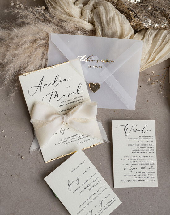 Zaproszenia ślubne Minimalistyczne Złocone Zaproszenia Ślubne Minimalistyczne Zaproszenia na Ślub Eleganckie, Kremowe złote Zaproszenia 01/zlws/z24