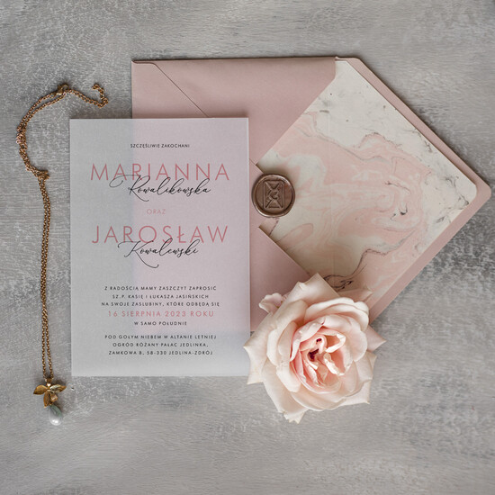 Zaproszenia ślubne Minimalistyczne Proste Zaproszenia Ślubne na Kalce Marmurkowe Zaproszenia na Ślub Marmur Zaproszenie Ślubne Różowe 05/minKal/z