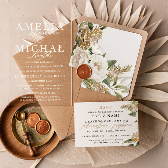 Zaproszenia ślubne Minimalistyczne nietypowe zaproszenia na ślub z kwiatami, zaproszenie ślubne z białym nadrukiem na pleksie  09/pleksaB/z