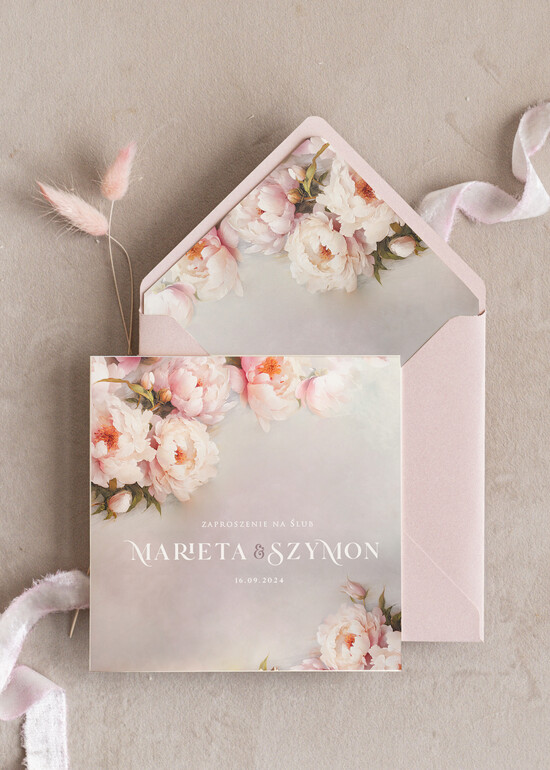 Zaproszenia ślubne Minimalistyczne Różowe Zaproszenia Ślubne z peoniami Minimalistyczne Zaproszenia na Ślub Eleganckie malarskie piwoni 01/kwk/z24