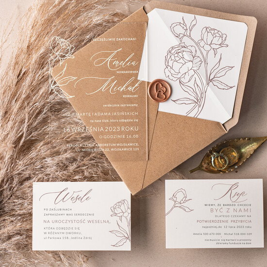 Zaproszenia ślubne Minimalistyczne Proste zaproszenia slubne rustykalne na pleksie, Boho zaproszenie ślubne z akrylu Peonie, zaproszeni 10/pleksaB/z