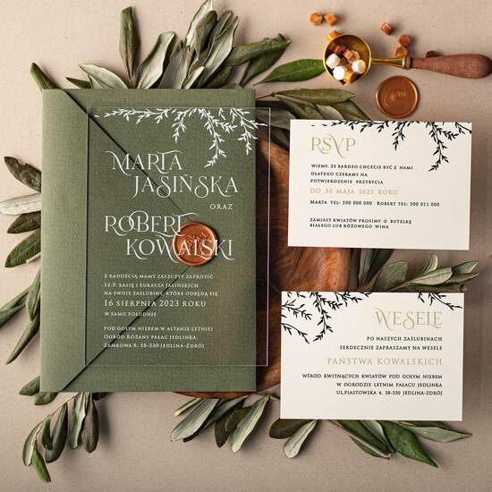 Zaproszenia ślubne Minimalistyczne oliwkowe zaproszenia ślubne, minimalistyczne zaproszenie na slub na szkle, Proste zaproszenia slubne 06/pleksaB/z