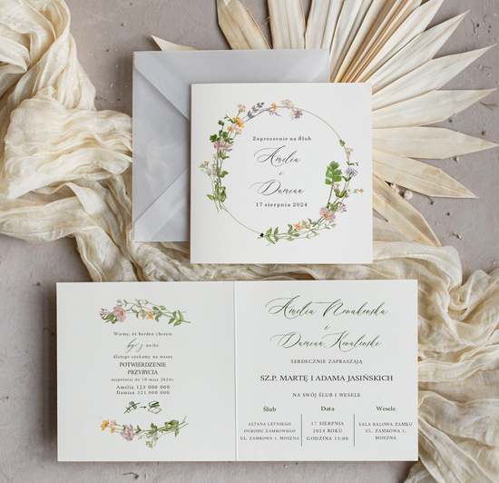 Zaproszenia ślubne Minimalistyczne Zaproszenia Ślubne z kwiatami Minimalistyczne składane Zaproszenia na Ślub Eleganckie Zaproszenie na 07/kw/z24