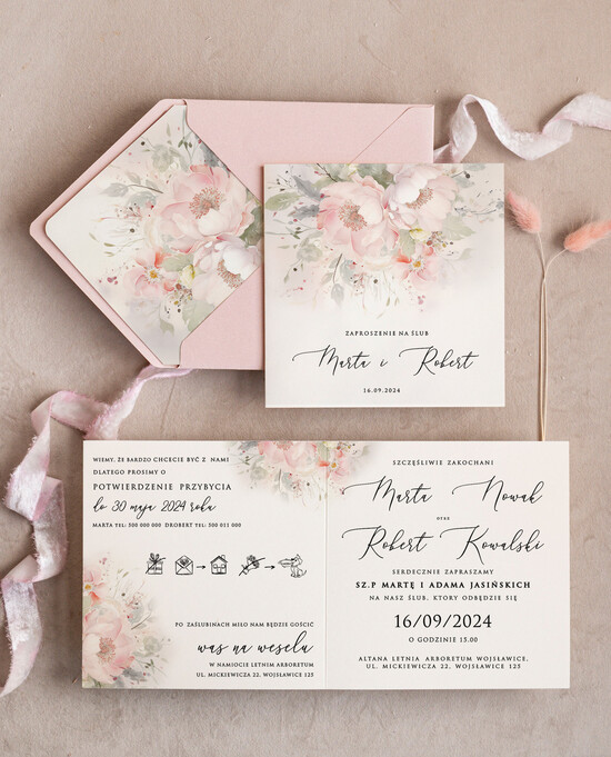 Zaproszenia ślubne Minimalistyczne Różowe Zaproszenia Ślubne z peoniami Minimalistyczne Zaproszenia na Ślub Eleganckie malarskie piwoni 03/kwk/z24