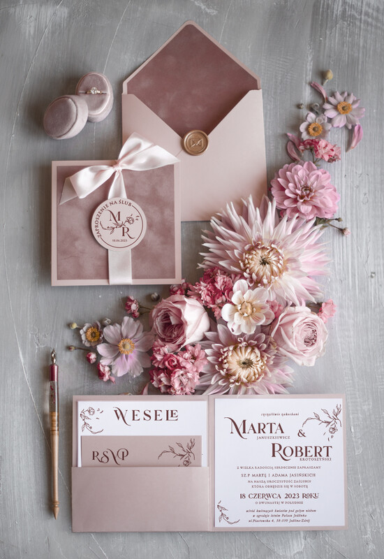 Zaproszenia ślubne Minimalistyczne Nowoczesne Zaproszenia Ślubne pudrowy róż Welurowe Zaproszenie na Ślub 02/VelWS/z