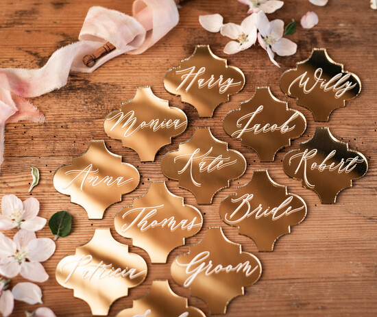 Winietki Eleganckie ręcznie robione winietki ślubne wizytówki dla gości weselnych, winietki na złotym lustrze, ekskluzyw 01/goldcer/w