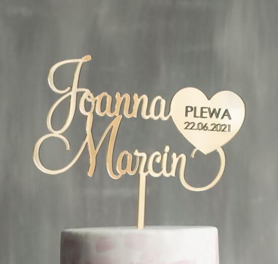 Figurki na tort / cake topper statuetki akryl nowoczesny złoty napis na tort weselny lustro złoty topper wasze imiona i data slubu 20/GL/ST