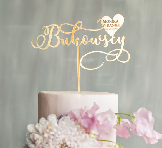 Figurki na tort / cake topper statuetki akryl błyszczący złoty napis na tort weselny personalizowany topper ślubny wasze nazwisko i imiona 25/GL/ST