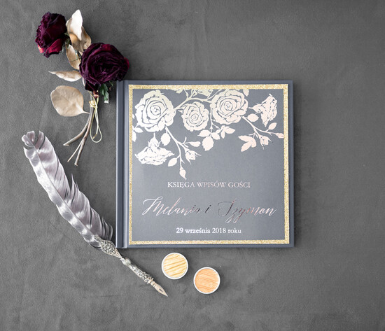 Księgi wpisów gości glamour ksiega zyczen na wesele, wyzłocone imiona i data ślubu 011/GLz/kwg